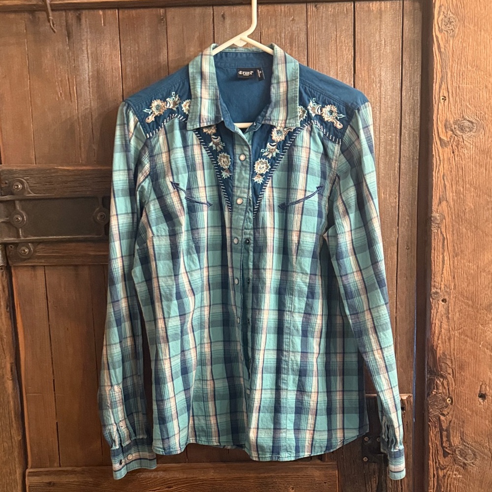 Blue Plaid Long-Sleeve Western Shirt with Embroidery
